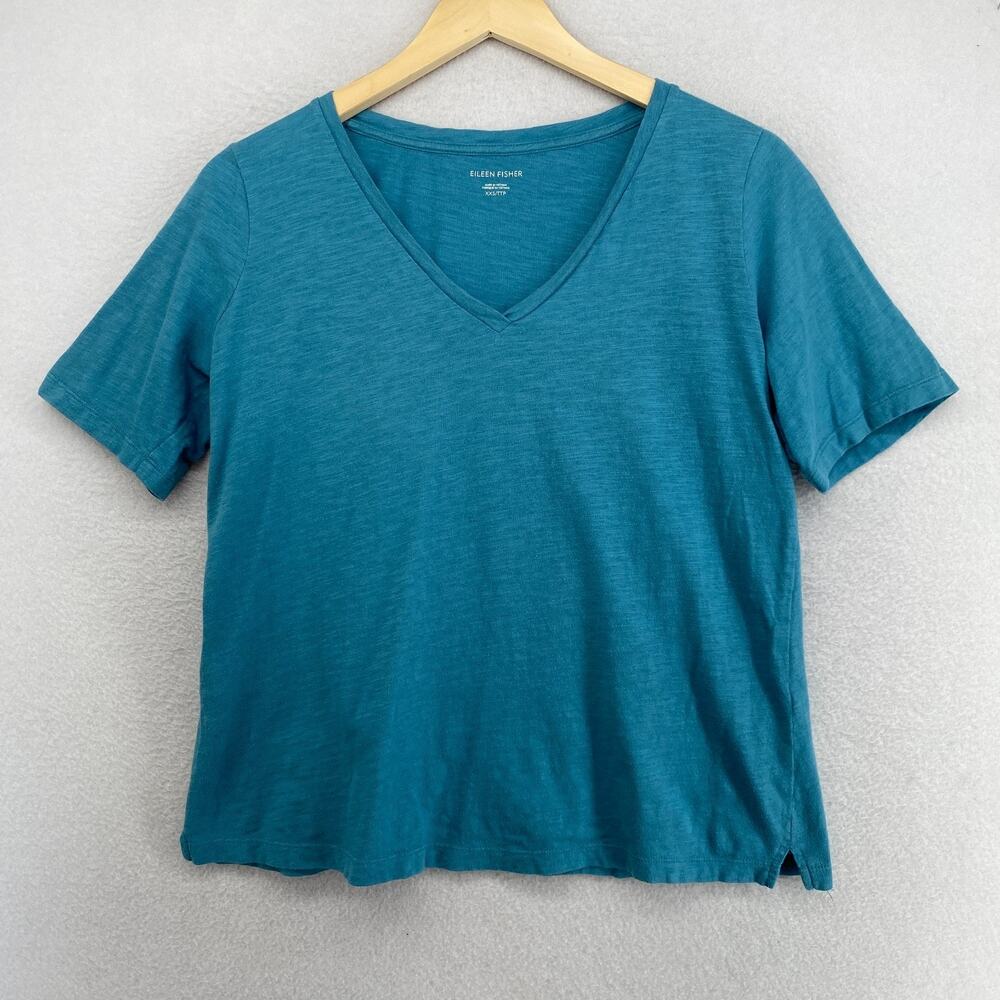 EILEEN FISHER Top 2XS Slub Organic Cotton Jersey V-Neck Short Sleeve Basic Blue